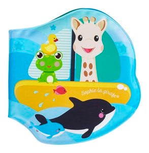 Badebüchlein Giraffe Sophie auf weiß-rotem Hängekarton