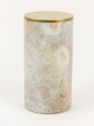 Très longue boîte cylindrique étroite en pierre avec couvercle recouvert de laiton cuivré