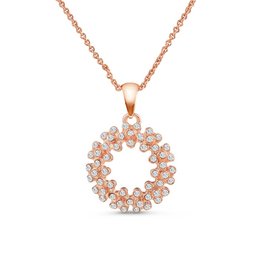 A delicate rose gold-plated charm necklace featuring a circular pendant adorned with sparkling crystals, creating a beautiful floral design.