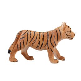 A realistic wooden tiger cub figure with distinct orange and black striped fur pattern.