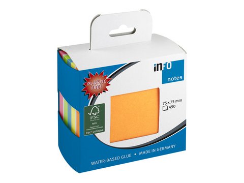 Info notes 75x75mm kubus 450 blaadjes, mix 6 kleuren, FSC, hanging hole.