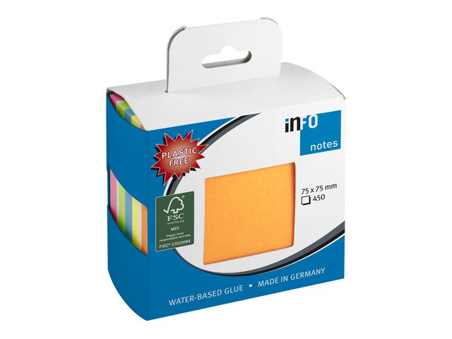 Info-Notizen 75x75mm Würfel 450 Blätter, 6 Farben mischen, FSC, Loch zum Aufhängen.