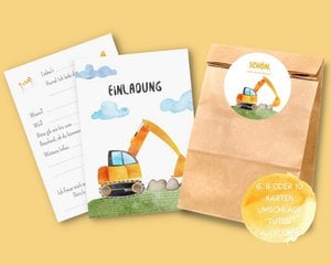 Uitnodigingskaarten voor graafmachines en cadeauzakjes voor gasten voor de verjaardag van de bouwplaats