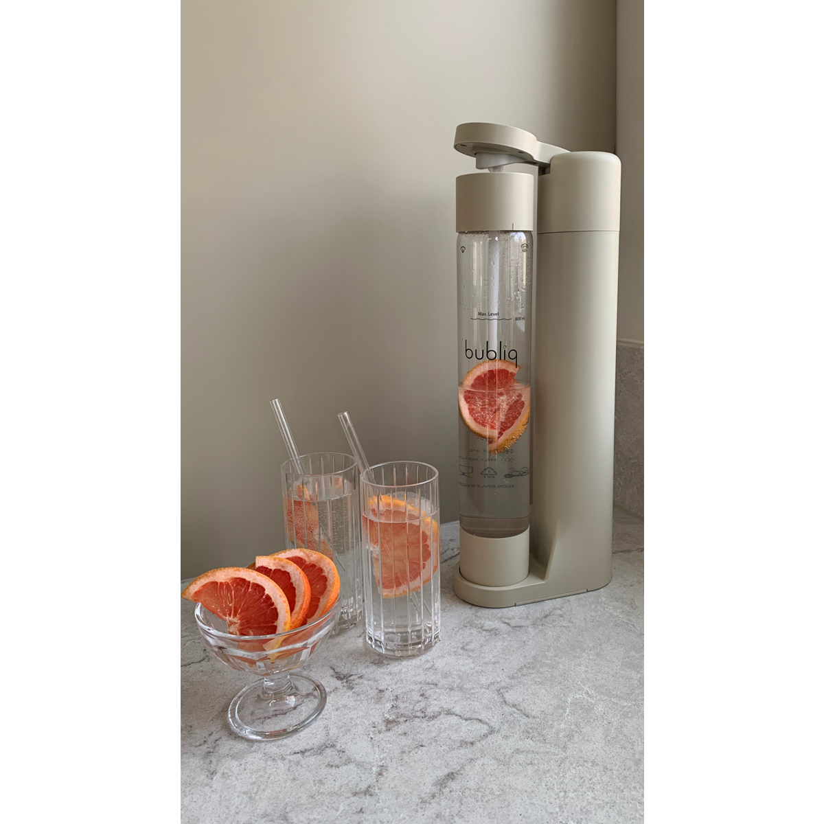 Beige bottle for bubliq drink carbonator