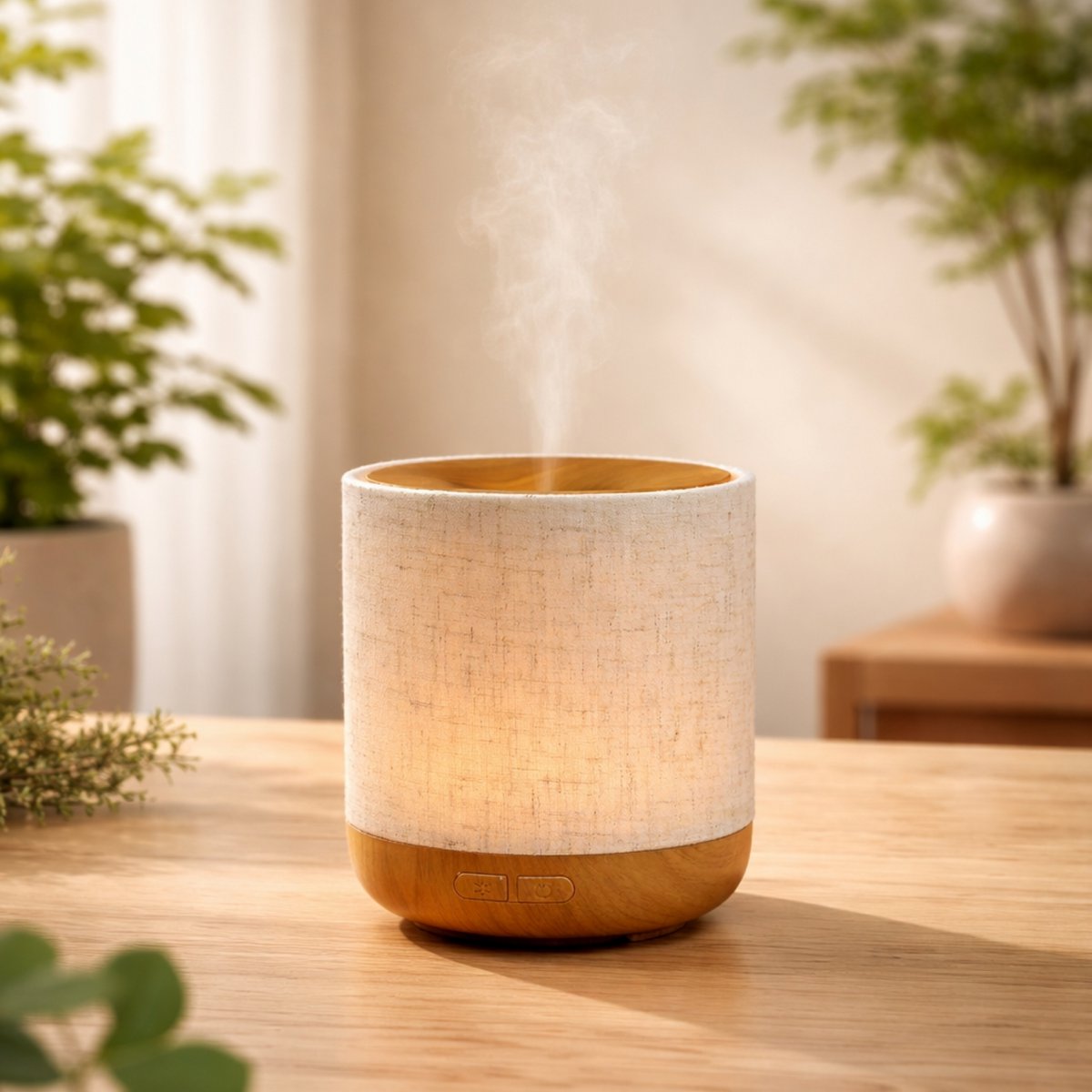 Ultrasonic Diffuser – Alesia – in Linen and Wood – Cold Diffusion – Aromatherapy Essential Oils – Decorative Gift Idea
