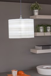 Square, modern pendant lamp with a white, layered shade.