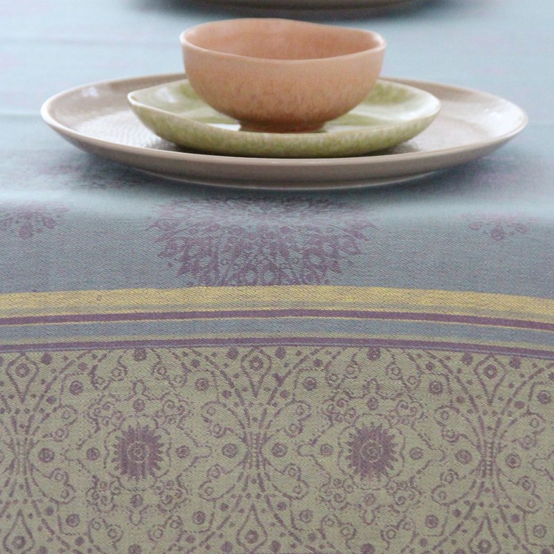 Bordløber Mandala i hør - blå-violet-gul