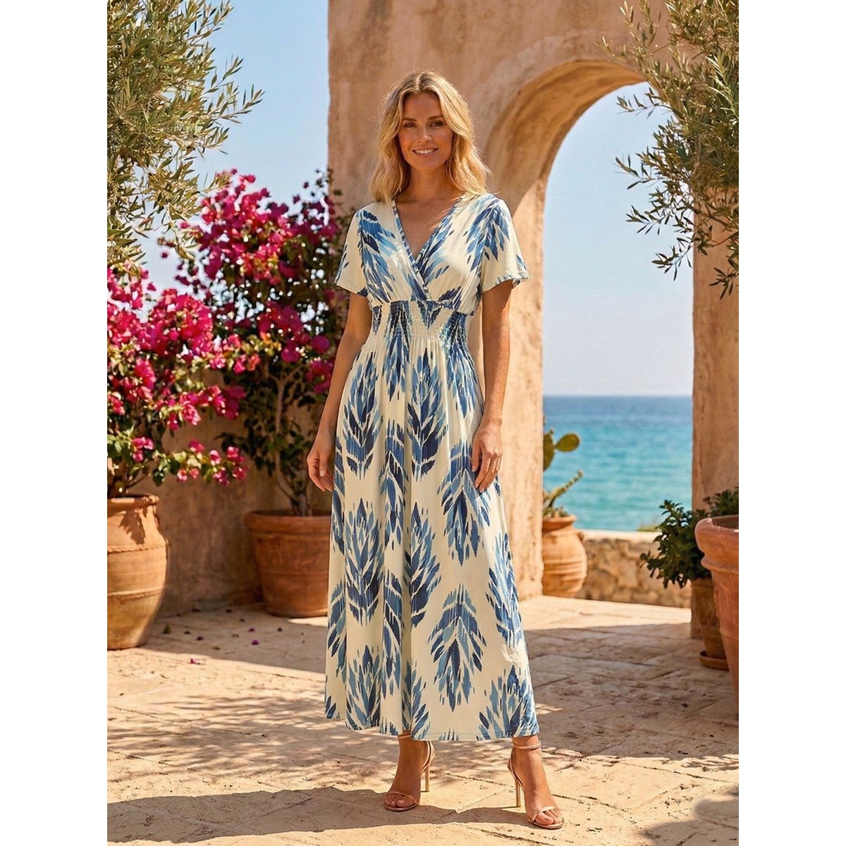 „Letnia” sukienka maxi – artystyczny nadruk Ikat i marszczenie w talii – 610-8