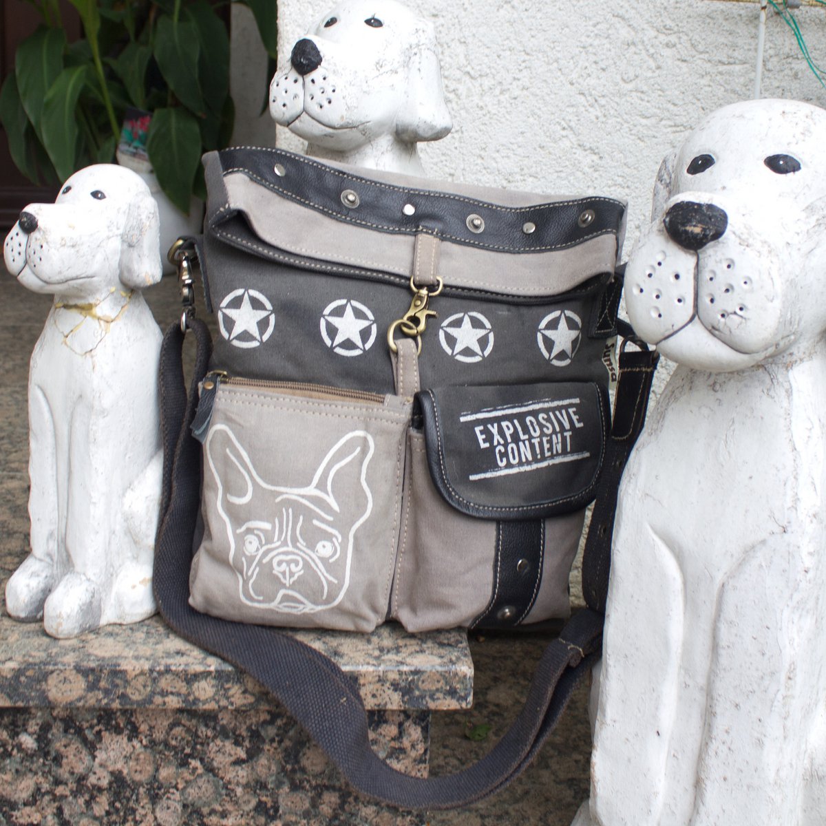 Sunsa dames schoudertas. Handtas gemaakt van canvas en leer. Schoudertas in vintagestijl. Grote crossbodytas voor dames met hondenprint grijs/zwart