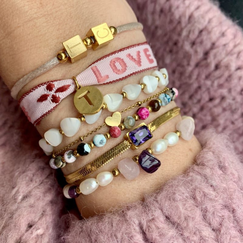 Edelsteen armband | Parel/Amethist/Rozenkwarts | rvs goud