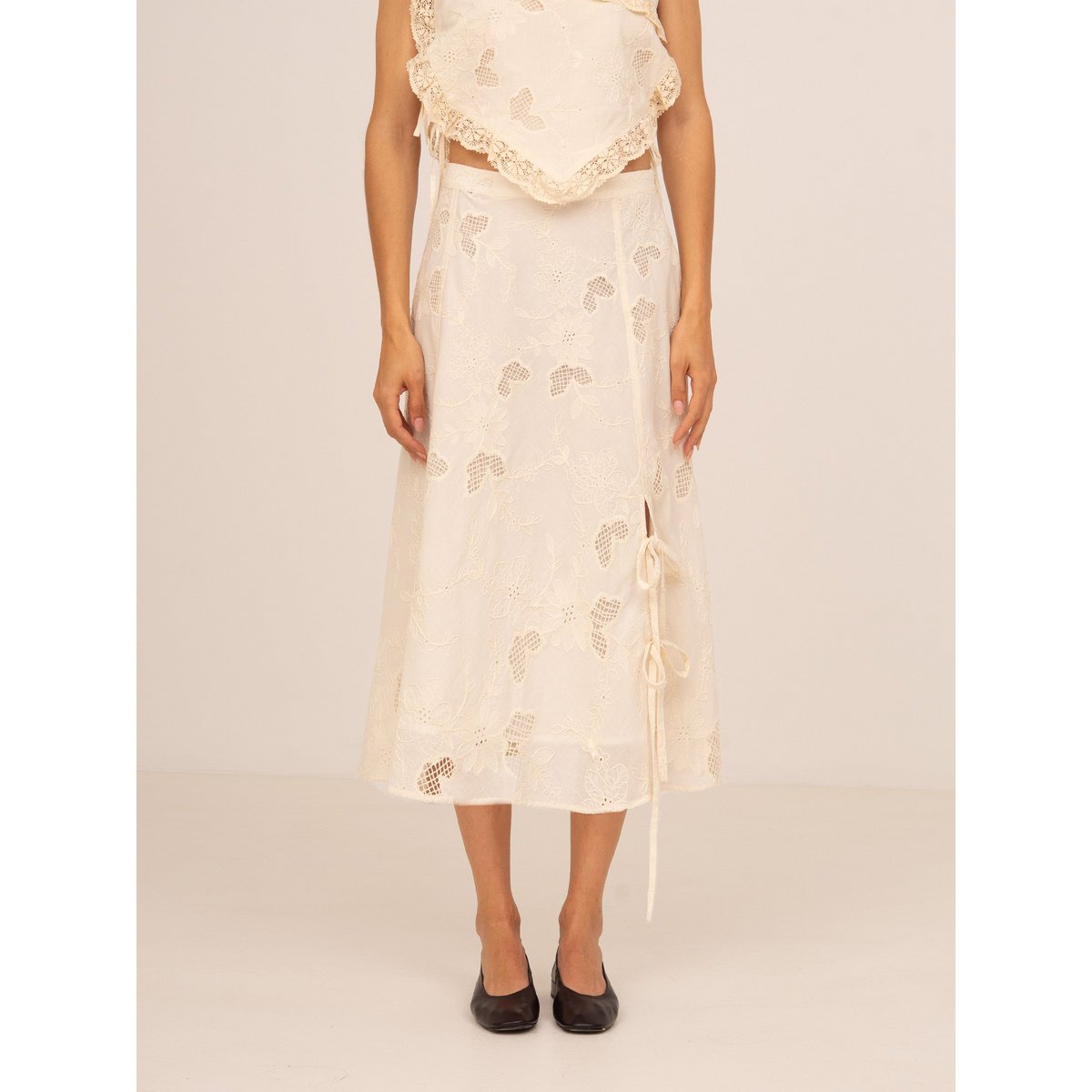 Sunlit Cream Embroidered Midi Skirt