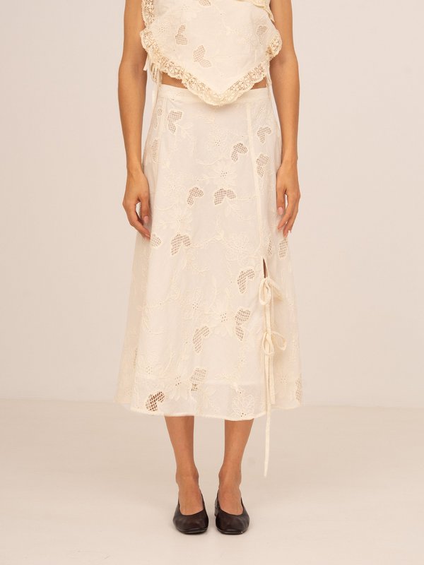 Sunlit Cream Embroidered Midi Skirt