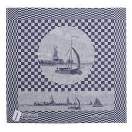 This tea towel features a scenic design with sailboats on a body of water, surrounded by a checkered border pattern. The design is in a monochrome blue and white color scheme, giving it a vintage or antique aesthetic.