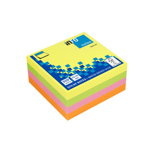 Info notes 75x75mm ass. felle kleuren blok a 320 vel geel, rose, groen, oranje