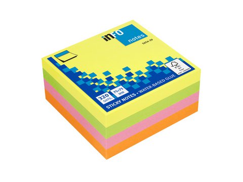 Info notes 75x75mm ass. felle kleuren blok a 320 vel geel, rose, groen, oranje