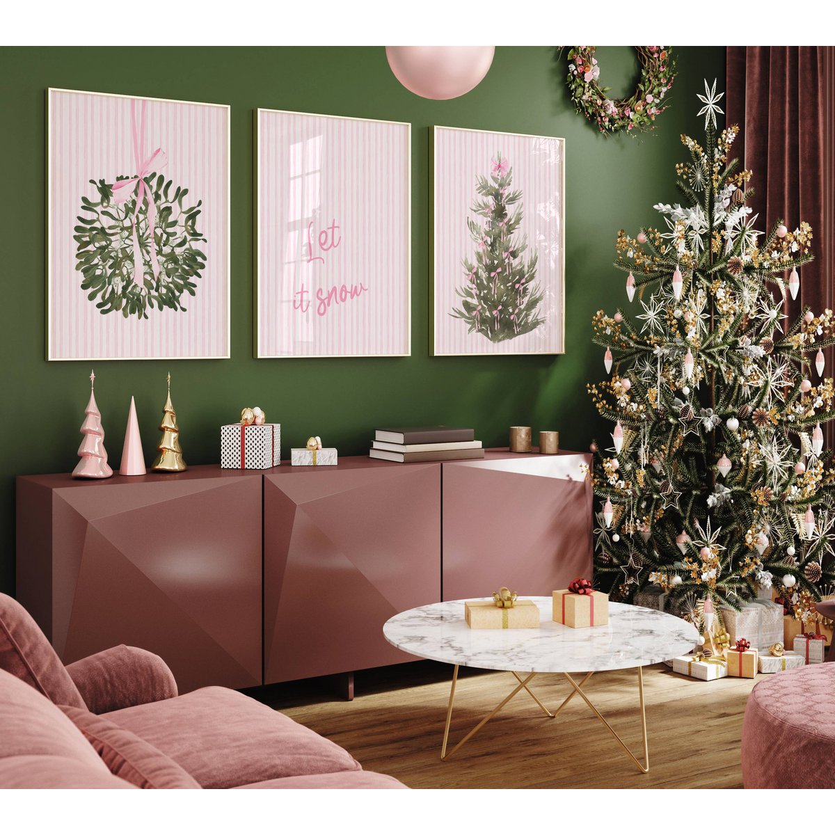 Plakat Kerst Let It Snow, Preppy Kerst Poster, Pink Christmas Plakat, Christmas Tree Poster, Pink Bows Print, Pink Christmas Decor