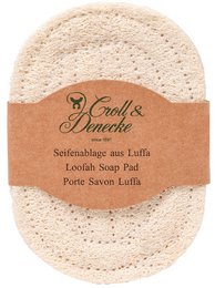 Oval-shaped loofah soap dish made of natural materials, suitable for holding and displaying a bar of soap in the bathroom.