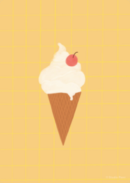 Soft ice cream cone poster for kids' room, featuring a fluffy white ice cream scoop with a red cherry on top, set against a warm yellow background.