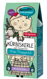 Dark chocolate-coated pumpkin seeds with a refreshing mint flavor, packaged in a 6-pack carton or as loose 1kg product.