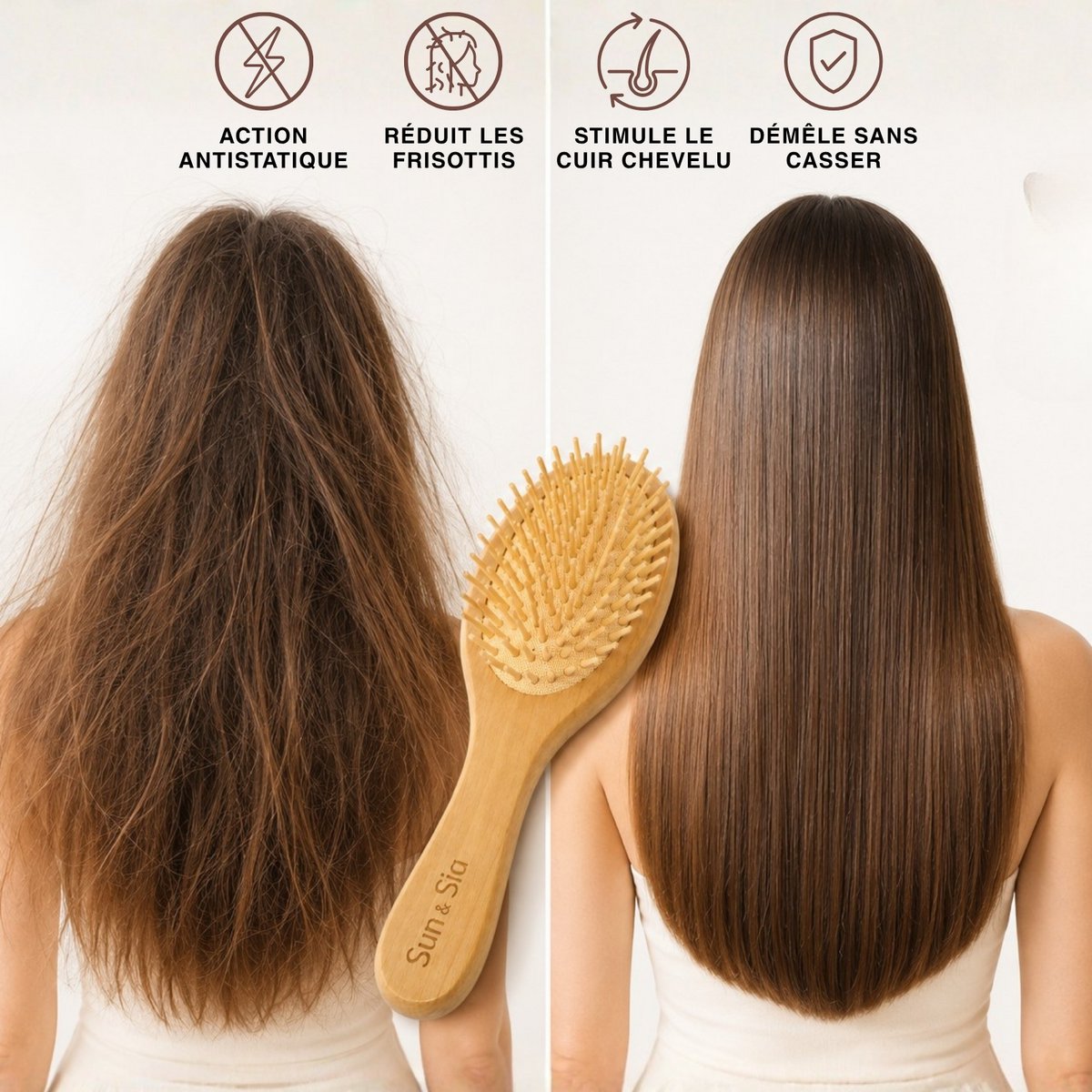 Wooden Hairbrush - Detangling, Anti-Static and Eco-Friendly - 109 Soft Pins on Cushion for Pleasant Brushing with Massaging Effect