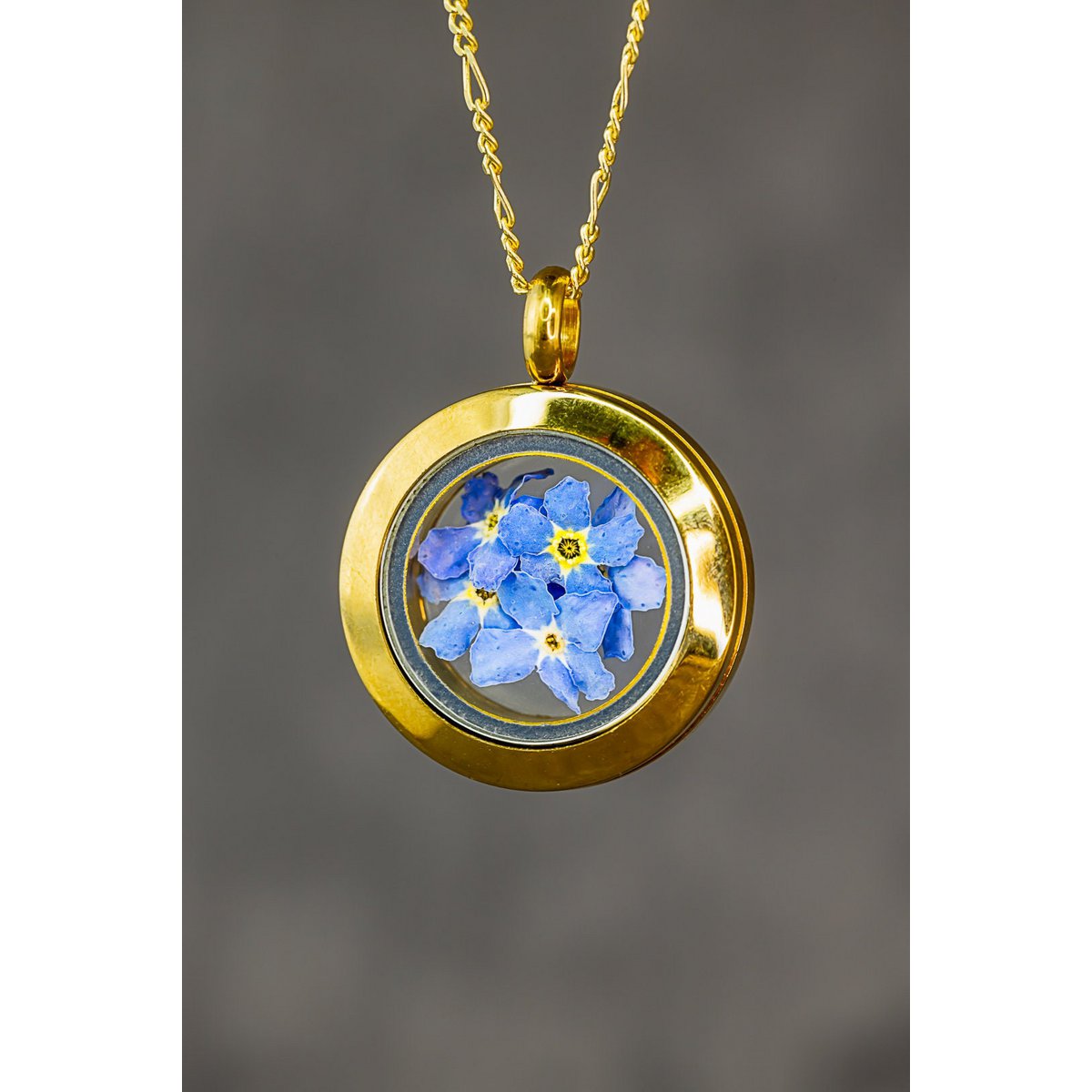 Vergeet-mij-niet-medaillon - glazen hanger echte bloemen 925 sterling vergulde ketting - K925-70
