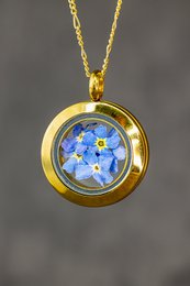 Vergissmeinnicht Medaillon - Glasanhänger Echte Blüten 925 Sterling Vergoldete Kette - K925-70