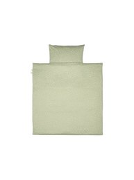 Mint green polka dot cot duvet cover, made of soft, breathable material, suitable for a child's bedroom.