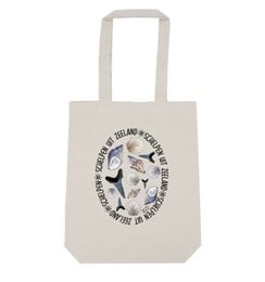 Delft blue tote bag with Zeeland girl on bicycle illustration, suitable for shoulder carry.