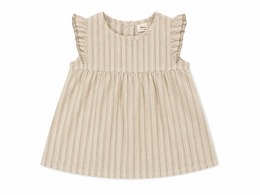 Beige linen striped baby dress with ruffled sleeves, vertical stripes, soft neutral tone.
