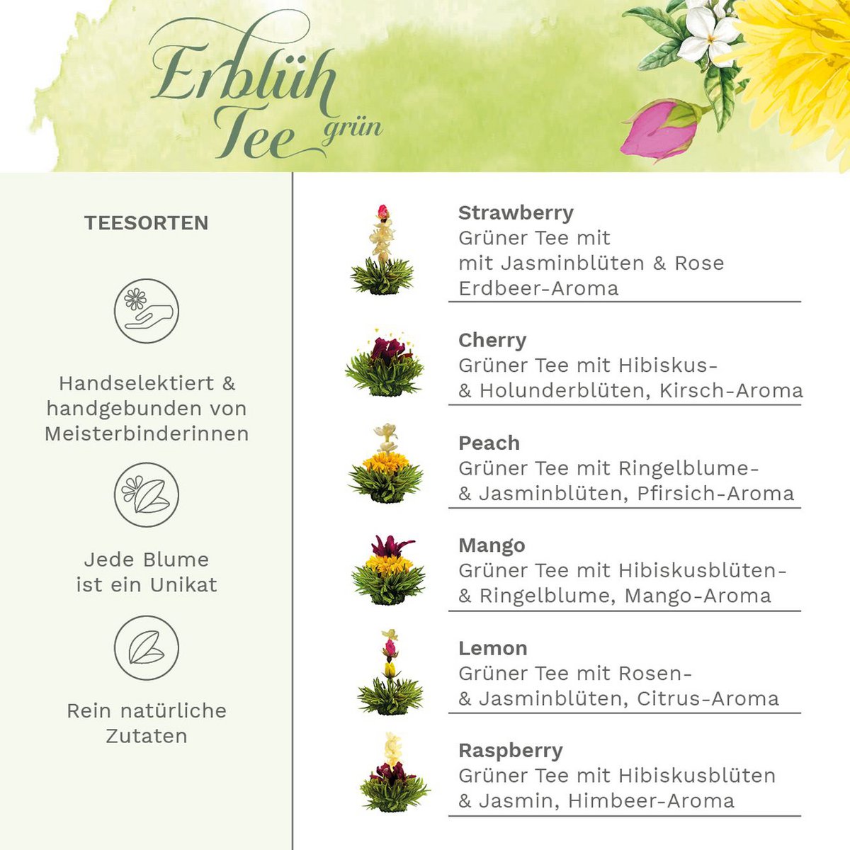 Creano Tea Flower Mix - Geschenkset Bloomed Tea in een modern bloemmotief met glazen pot, groene thee met fruitige smaak (6 varianten)