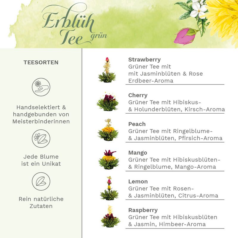 Creano Tea Flower Mix - Geschenkset Bloomed Tea in een modern bloemmotief met glazen pot, groene thee met fruitige smaak (6 varianten)