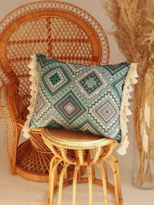 "Sea green mosaic" pillow with fringe