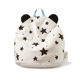 A small white backpack with black star patterns and panda ears, designed for children.