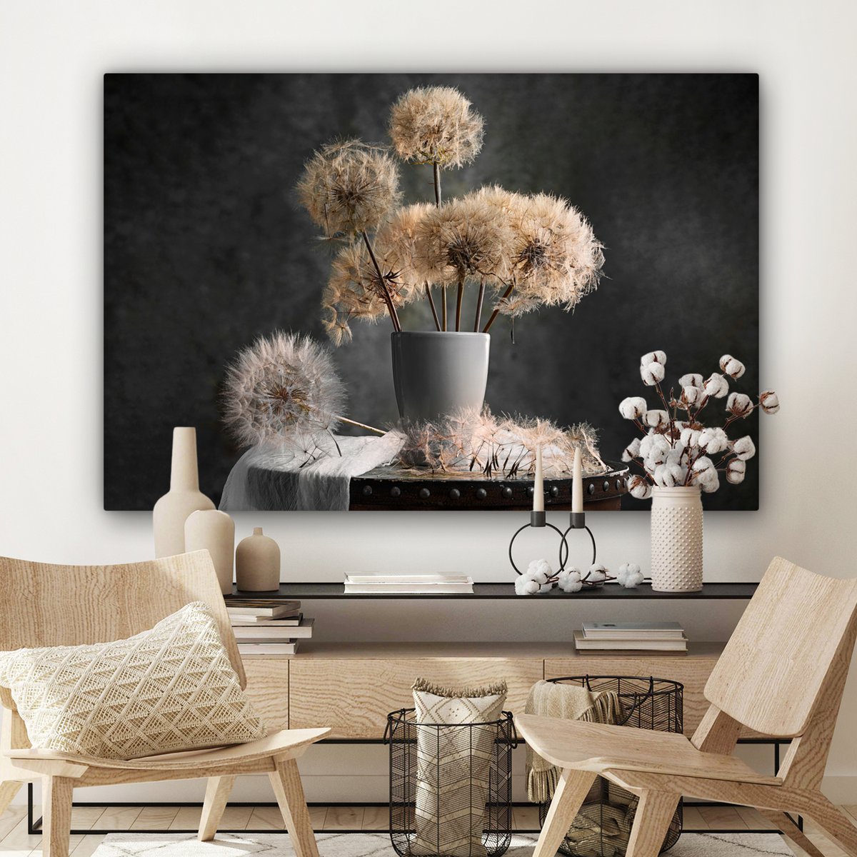 Leinwand Malerei - Wanddekoration - Blumensamen - Löwenzahn - Vase - Stillleben - Bouquet
