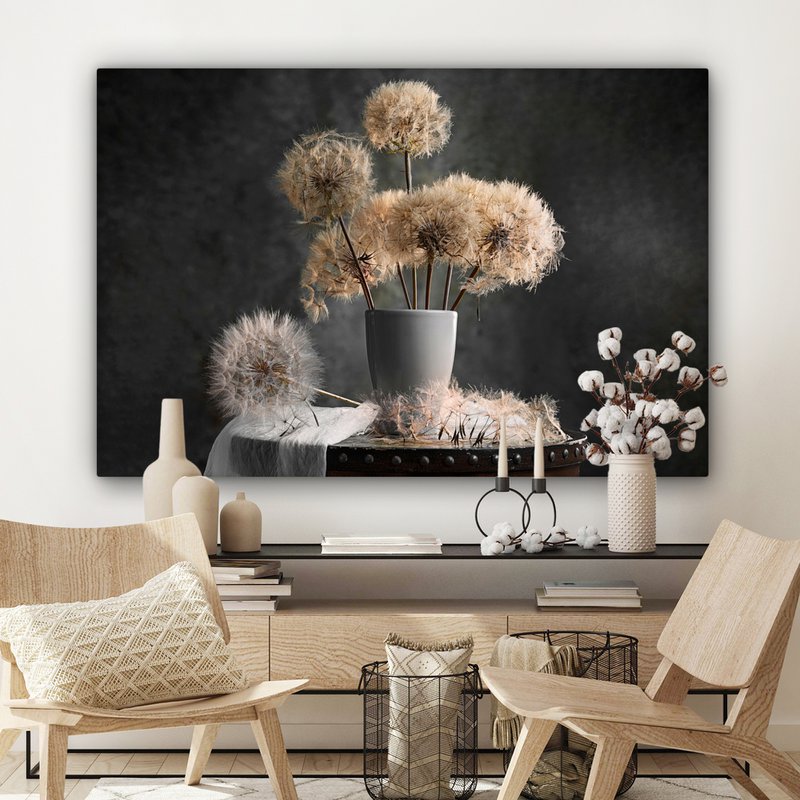 Lærredsmaleri - vægdekoration - blomsterfrø - mælkebøtte - vase - stilleben - buket