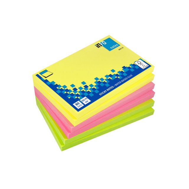 Info notes 125x75mm ass. kleuren pak 6 blok geel, rose, groen