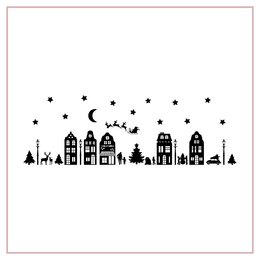  Window stickers featuring a Christmas street scene with silhouettes of houses, trees, and stars. Available in multiple sizes and colors.

The image shows a set of window stickers depicting a Christmas street scene. The stickers feature silhouettes of houses, trees, and stars against a white background. The stickers are available in multiple sizes (M, L, XL) and colors (white, black).