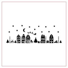 Window stickers featuring a Christmas street scene with silhouettes of houses, trees, and stars. Available in multiple sizes and colors.
The image shows a set of window stickers depicting a Christmas street scene. The stickers feature silhouettes of houses, trees, and stars against a white background. The stickers are available in multiple sizes (M, L, XL) and colors (white, black).