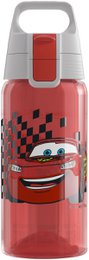 Red kids water bottle with Cars character design, 0.5l capacity, plastic with handle, cartoon car theme