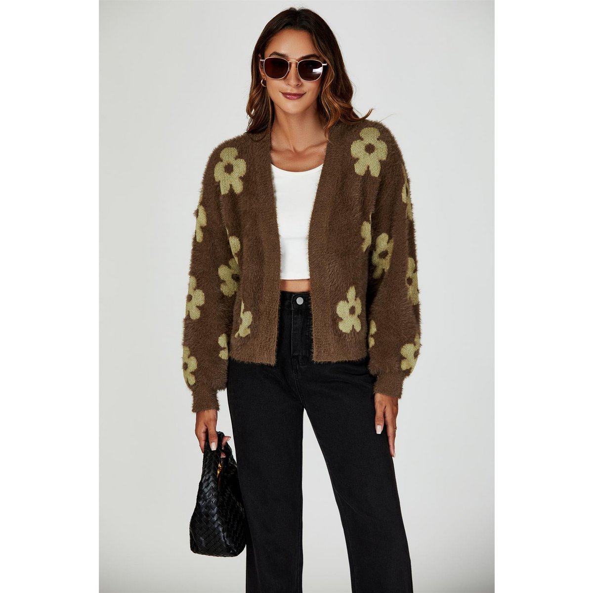 Flowers Pattern Knitted Cardigan In Brown