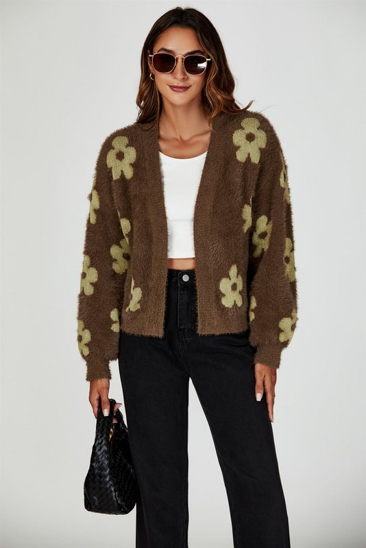 Blomster mønster strikket cardigan i brun
