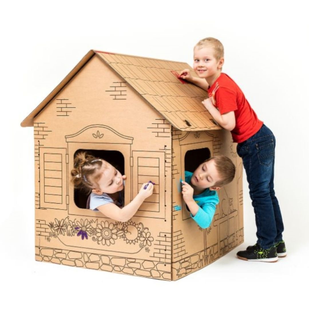Kartonnen speelhuis Cabine met contouren van leuke dieren, bruin, groot, doe-het-zelf, om te schilderen, 3+ jaar