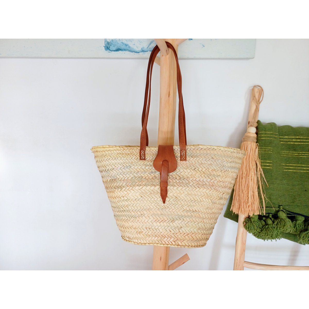 Strandtragetasche, Strohtasche, Basttasche mit Leder, Esparto-Tragetasche, handgefertigt, 50 cm