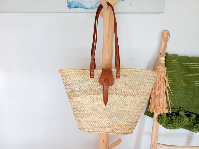 Navicella da spiaggia, Borsa di paglia, Borsa in rafia con pelle, Navicella in sparto, Fatta a mano 50 cm