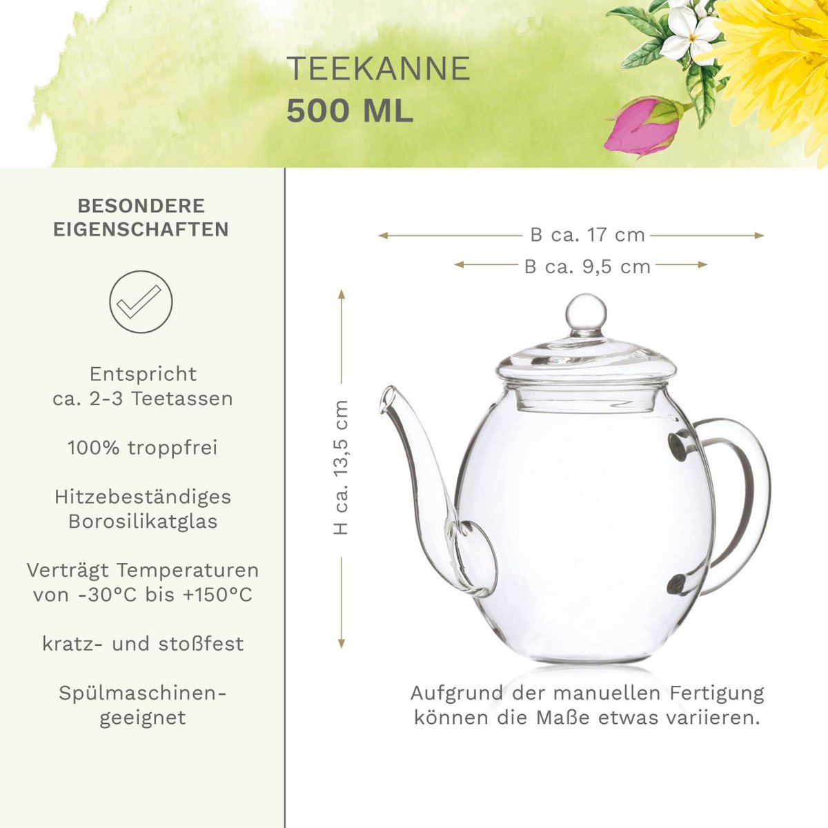 Creano Tea Flower Mix - Geschenkset Bloomed Tea in een modern bloemmotief met glazen pot, groene thee met fruitige smaak (6 varianten)