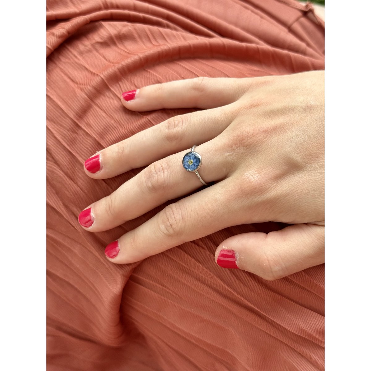 Stainless Steel Ring with real Forget-me-not flower