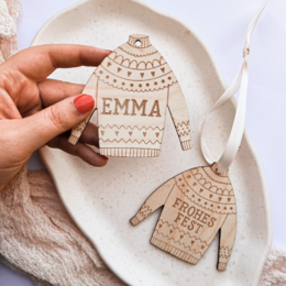 Christmas Tree Bauble Sweater Personalized Wooden HAPPY FESTIVAL - Christmas Sweater Ornament