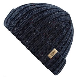 A navy blue beanie with a speckled pattern and ribbed texture, suitable for keeping warm in cold weather.