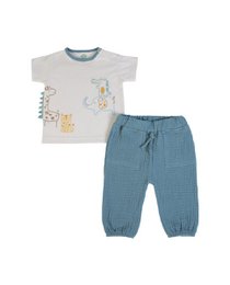 Organic t-shirt and muslin pants set for baby, available in ecru/petrol blue color and sizes 3M to 36M. Features playful animal graphics on the t-shirt.