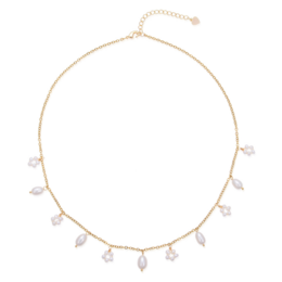 A delicate gold necklace with pearl charms, perfect for adding a touch of elegance to any outfit.